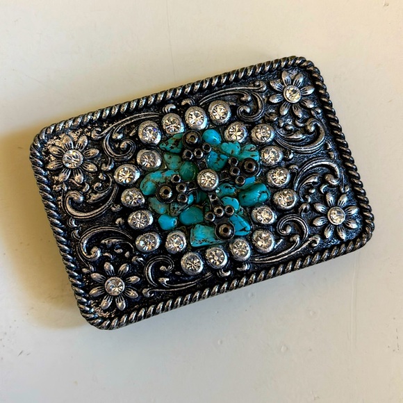 Belt Buckle with Rhinestones & Turquoise - Picture 1 of 5
